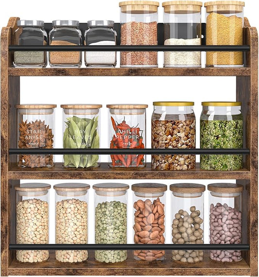 BCOZLUX Spice Rack Wall Mounted, Wood 3 Tier Spice Rack for Countertop, Vertical Spice Organizer for Spice Jars and Seasonings, Hanging Spice Shelf for Kitchen Cabinet, or Pantry, Rustic Brown