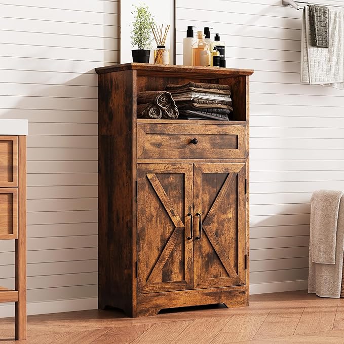 Viroformo Floor Cabinet, Farmhouse Storage Cabinet with Barn Doors and Drawer, 11.81" D x 23.62" W x 39.37" H Rustic Brown Freestanding Adjustable Shelf Organizer for Bathroom, Kitchen, Living Room