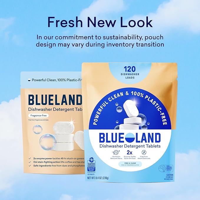 BLUELAND 100% Plastic-Free Dishwasher Detergent Tablets, 120 Count, Free & Clear, Eco-Friendly Dishwashing Pods, Natural, USDA Certified biobased