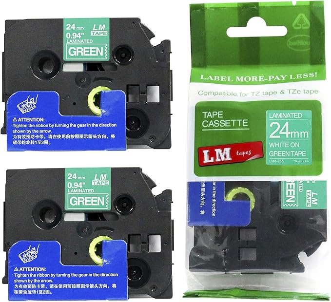 2/Pack LM Tapes - LMe755 Premium 1" White Print on Green Label Compatible with Brother TZe-755 P-Touch and Includes Tape Color/Size Guide. Replaces TZe755 24mm 0.94 Laminated