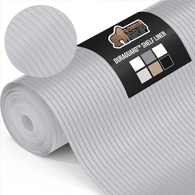 GORILLA GRIP DuraGuard Shelf Liner, 17.5x30 Non-Adhesive Cabinet Liners for Kitchen Drawers, Shelves, Refrigerator, Pantry Storage, Bathroom Closet, Durable Waterproof BPA Free Ribbed Plastic, Lt Gray