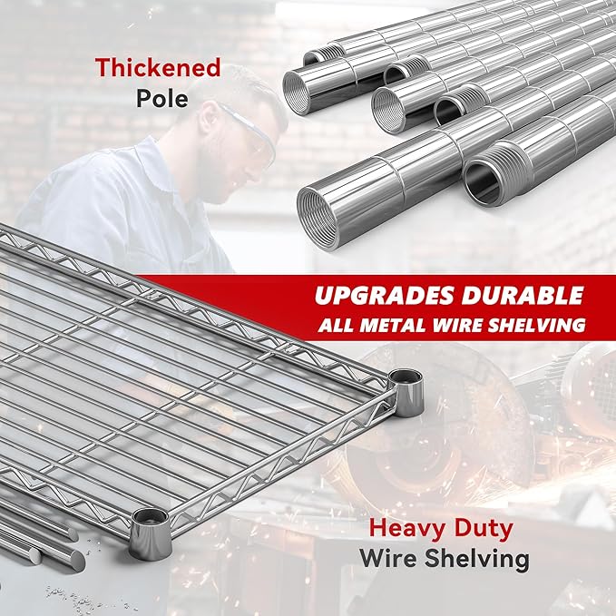 REIBII 58" W Storage Shelves Wire Shelving 1400LB Metal Shelves for 5 Tier Shelving Unit with Shelf Adjustable Garage Shelving Rack for Pantry Kitchen Garage, 58" W x 59" H x 13.8" D, Chrome