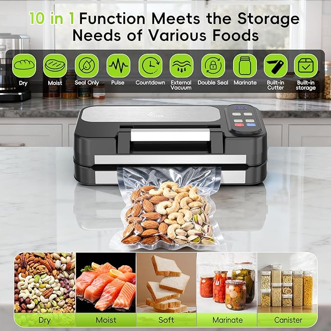 95kpa Vacuum Sealer for Food, 125W Commercial Food Saver Vacuum Sealer Machine, 10-in-1 Compact Meat Vacuum Packing Machine with Bags Storage, Built-in Cutter, Easy-Lock Handle, Stainless Steel