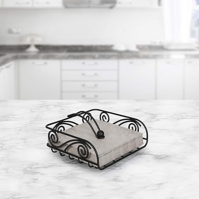Specrum Scroll Deco Weighted Napkin Holder, Flat Napkin Holder With Weighted Arm, Traditional-Style Napkin Dispenser, Sturdy Steel Kitchen & Dining Room Décor Black