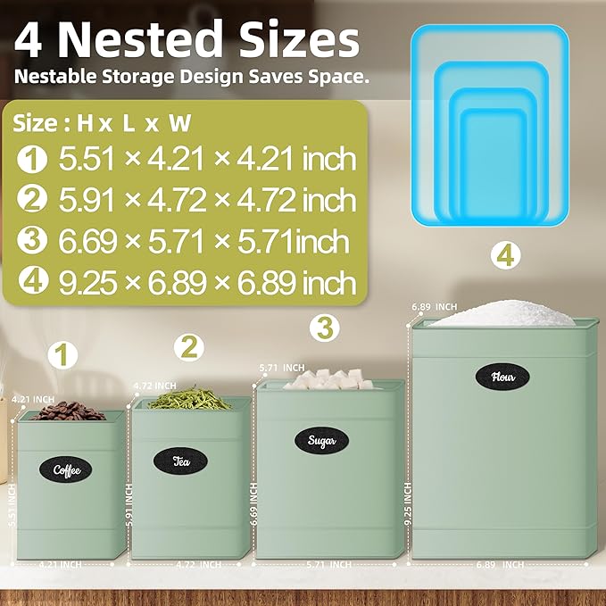 Canisters Sets for the Kitchen Set of 4, Metal Sugar Flour Coffee Storage Containers for Countertop with Airtight Lids, Customizable Chalkboard Labels & Marker Pen, Storage Jars Canisters - Sage Green