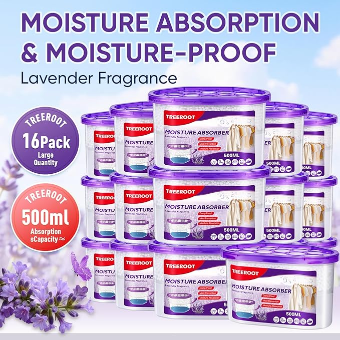 16 Pack Moisture Absorbers, 10.5 OZ Humidity Absorber Bucket, Moisture Absorbers for Closet, Dehumidifier Bucket for Wardrobes (Lavender Scent), Kitchens and Bathrooms