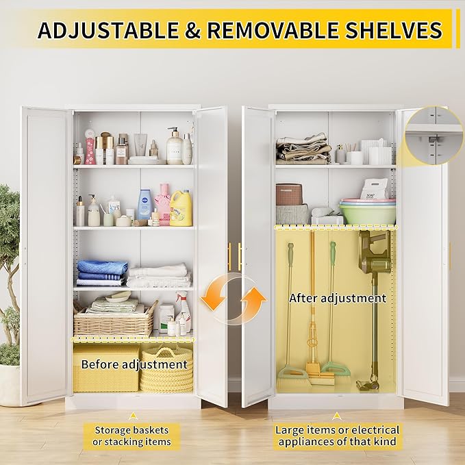 Metal Kitchen Pantry Cabinet, 71"Tall Cabinet with 2 Doors and 4 Adjustable Shelves, Pantry Cabinets for Kitchen Storage, Metal Storage Cabinet for Kitchen, Dining Room, Living Room and Bathroom-White