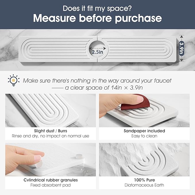 Quick Drying Stone Faucet Mat for Kitchen Sink - Diatomite Sink Mat Absorbing Stone Tray for Bathroom Counter, Sink Faucet Splash Guard Water Protector Matt for Kitchen Counter(White, 14" x 3.9")