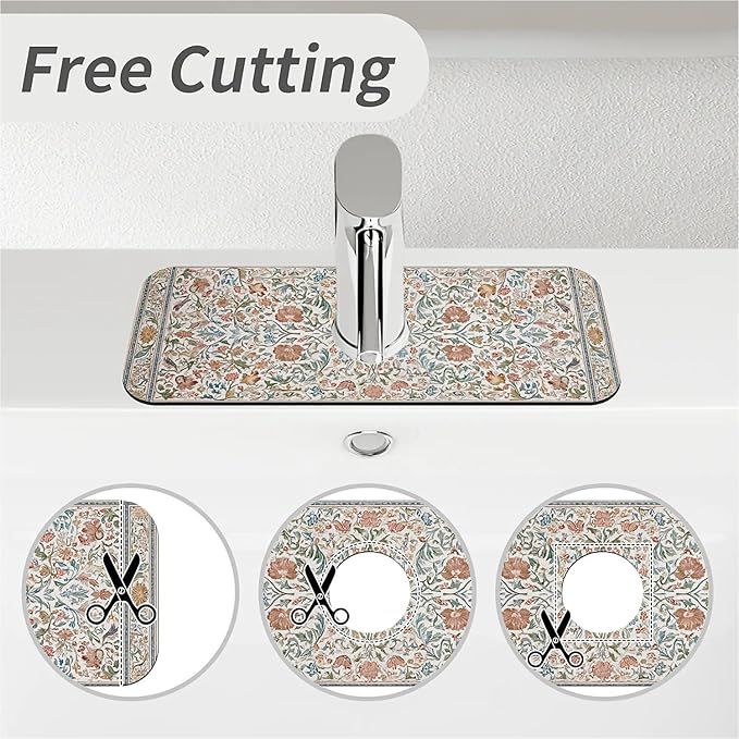 Kitchen Sink Splash Guard，Exquisite flower and bird Faucet Mat Sink Gadgets-Super Absorbent Fast Drying Mat Drip Catcher for Kitchen, Bathroom,Sink Mat, Dish Drying Mat, Bathroom(15" X 5.5" )