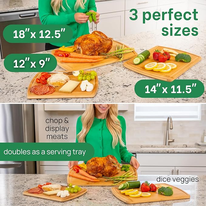 Organic Bamboo Cutting Board Set of 3 with Glue-Free Surface and Lifetime Replacements – Wooden Chopping Board for Kitchen with Juice Grooves for Carving & Serving, Non Toxic & Durable by Greener Chef