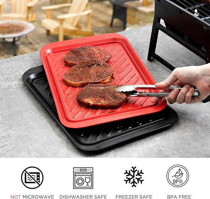 TP Grilling Prep and Serve Trays, 17 x 10.5 inch BBQ Trays for Cooked and Raw Foods, Set of 2 Melamine Serving Platters for Meats, Grill Accessories, Black and Red