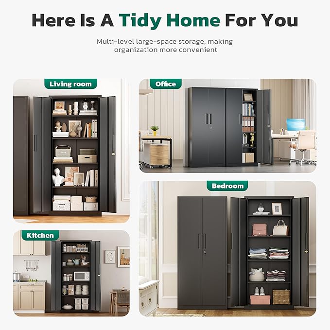 Greenvelly Metal Cabinet, 63”Tall Kitchen Pantry Storage Cabinets with 2 Lock Doors and 4 Adjustable Shelves,Black Kitchen Cabinet Storage for Dinning Room,Garage,Office