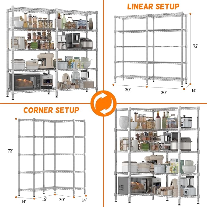 Homdox 5 Tier Storage Shelves, Heavy Duty Wire Shelving Unit, Adjustable Metal Shelves for Storage, Garage Rack Pantry Shelves Kitchen Shelving, 14"x60"x72", Silver Gray