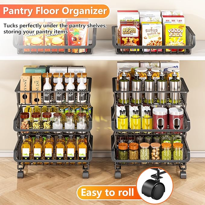 3-Tier Rolling Pantry Organizer and Storage Cart with Wheels – Stackable Wire Snack Cart for Kitchen, Pantry Shelves and Storage Rack for Fruit, Vegetables, Onion, Potato (1 Pack)