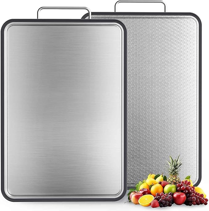 Double-Sided Stainless Steel Cutting Board for Kitchen, 16''×11'' Scratch-Resistant Cutting Board for Meat, Vegetables & Fruits, Rust-Resistant Chopping Board with Juice Groove on Both Sides (Black)