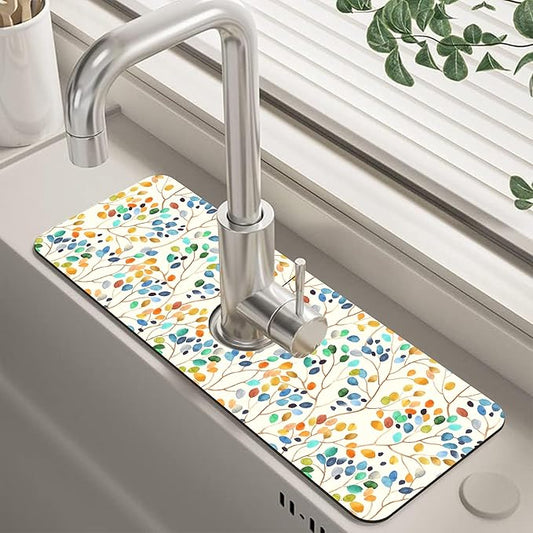 Abstract Watercolor Leaves Sink Faucet Absorbing Mat Sink Splash Guard Faucet Mat Draining Mat Fast Drying Sink Protectors for Kitchen and Bathroom 5.5"×15"