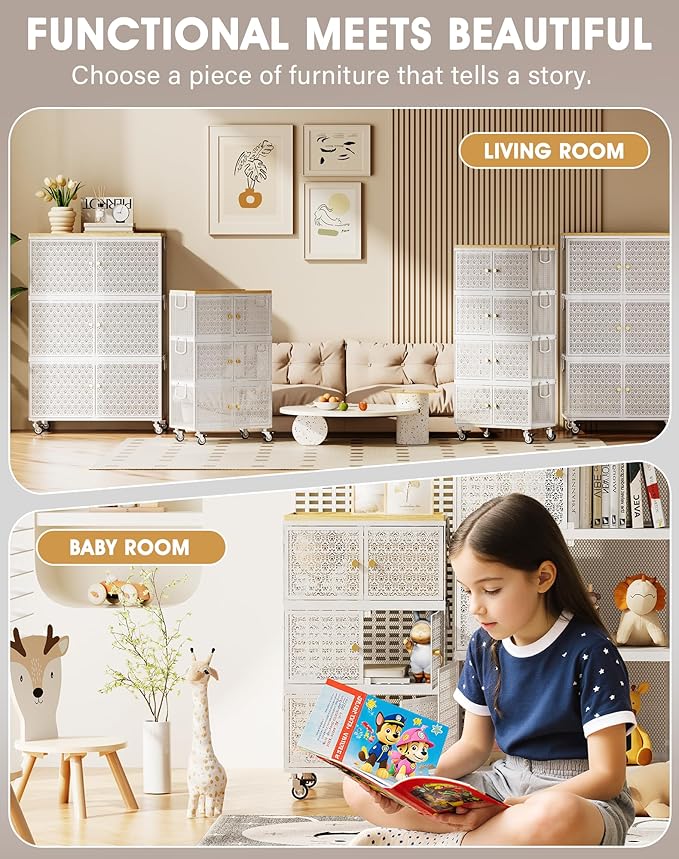 3 Tier Metal Storage Cabinet with wheels, Storage Bins with Magnetic Doors, Storage Cart for Living Room, Bedroom, Bathroom, Laundry, Kitchen