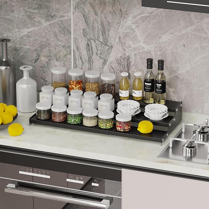 Wobmmi Expandable Spice Rack Storge organizer with 3-Tier step shelf for cabinet,seasoning racks organizion.Great for Kitchen countertop shelves,Pantry and more(2packs/Black)