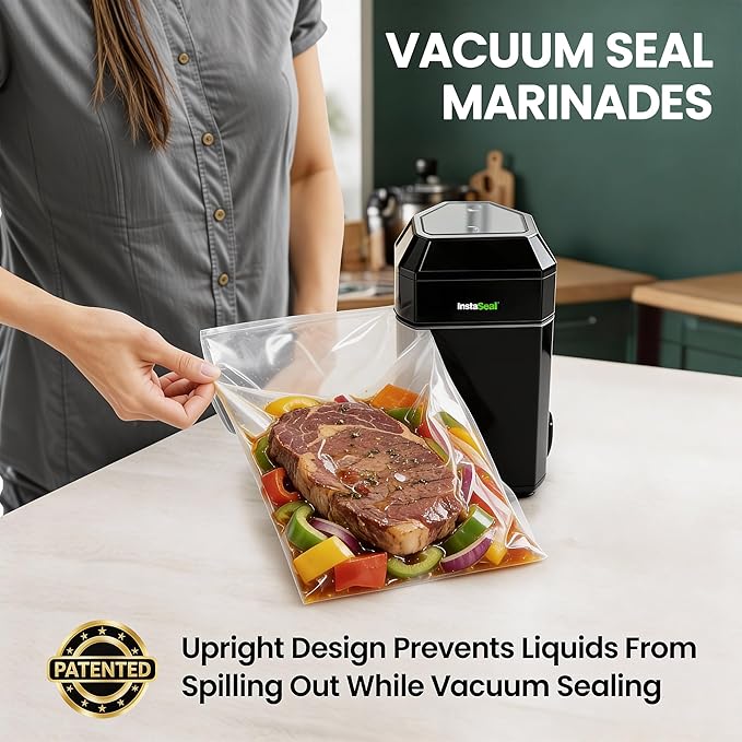 Vacuum Sealer for Food with 12 Bags, Preserves Foods 5x Longer, Space Saving Compact Upright Design Allows Machine to Heat Seal Marinades, Soups, Meats for Sous Vide Cooking