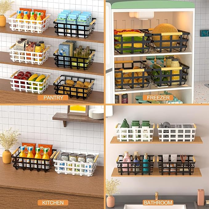 Large Metal Pantry Storage Baskets,4 Packs Farmhouse Baskets,Food Organizer Storage Bin Basket with Wood Handles for Kitchen Cabinets Shelf Pantry,White