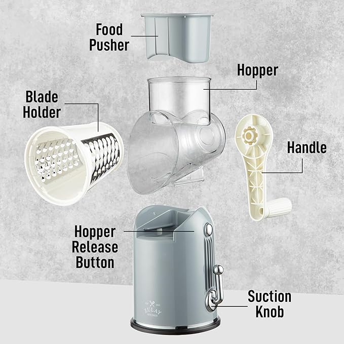 Zulay Kitchen Rotary Cheese Grater 5 Blade Cheese Shredder - Manual Hand Crank Cheese Grater With Reinforced Suction & 5 Interchangeable Drums - Easy to Use, Vegetable Chopper Round Mandoline Slicer