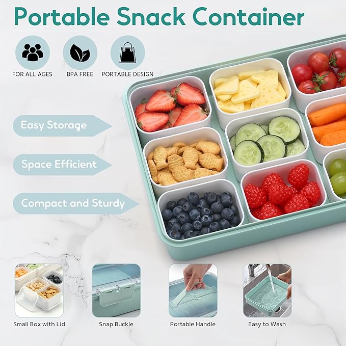 Snackle Box Container for Adults with 9 Compartment, Divided Serving Tray Snack Box Containers with Lid and Handle, Charcuterie Boxes Portable Snack Platter for Fruit Veggie Party Travel, Green