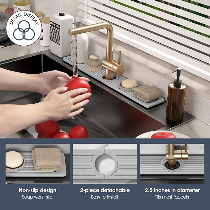 Quick Drying Stone Faucet Mat for Kitchen Sink - Diatomite Sink Mat Absorbing Stone Tray for Bathroom Counter, Sink Faucet Splash Guard Water Protector Matt for Kitchen Counter(Light Gray, 20" x 3.9")