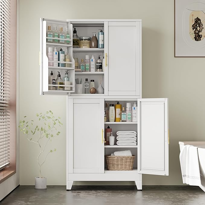 PAOFIN 75" H Metal Storage Cabinet, Pantry with 6 Door Shelves and 4 Adjustable Shelves, Leveling Foot for Kitchen, Living Room and Dinning Room, White