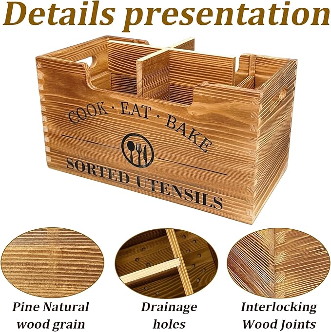 Iiglunatic Upgraded Design Wooden Utensil Holder for Kitchen Counter, Large Utensil Holder with 3 Adjustable Combination Designs for Countertop Organization, Ideal for Kitchen