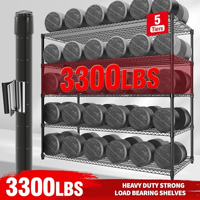 82" H Storage Shelves with Wheels, 5-Tier Metal Shelving Unit Load 3300LBS Capacity, Adjustable Wire Shelf Rack w/Feets, Heavy Duty Storage Shelving for Garage Pantry Rooms, 59" W X 24" D