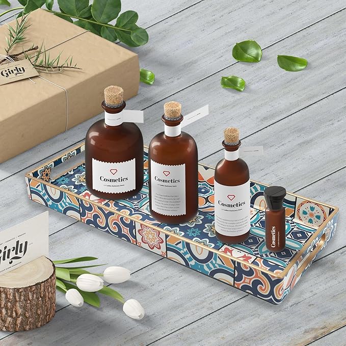 Leemxiiny Bathroom Vanity Tray for Countertop, Small Plastic Toilet Tank Tray Versatile Storage & Organization Tray for Makeup, Perfume, Desk, Kitchen, Candles, 13.7"x6"x1.4", 35Boho2