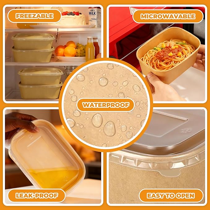 Kaderron 50 Pack 25 OZ Large Paper Bowls with Lids【with Spoons and Forks】, Heavy Duty Disposable Meal Prep Containers for Party, Disposable Bowls Bulk Soak-Proof and Microwave Safe for Hot/Cold Use