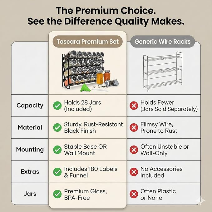 TOSCARA Spice Jar Rack Organizer for Cabinet! 28 Glass Jars with Black Lids! 4 Tier Seasoning Storage Shelf with 180 Labels, Funnel & Screws! Spices Organiser for Kitchen Countertop, Pantry, Cupboard