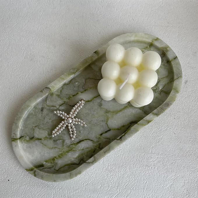 SAIDKOCC Natural Marble Oval Tray Ornaments Vintage Small Tray Storage Dish for Counter, Vanity, Dresser, Nightstand and Desk (Green Emerald)