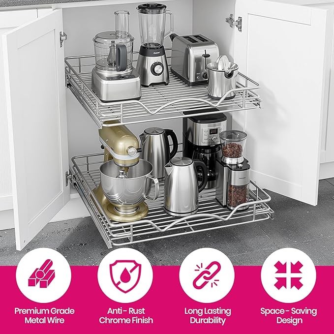 2-Tier Pull-Out Cabinet Organizer with Heavy-Duty Steel Frame, Full-Extension Sliding Shelves, Holds 100 lbs, Easy Install for Kitchen, Pantry & Under Sink Cabinets, 15" W x 21”D x 16.5" H