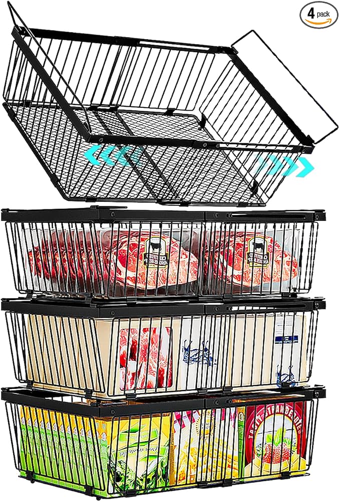 Large Freezer Organizer Bins，Upgraded Bottom Leak-Proof net，Fit 10 to 20 Cu.Ft Deep Freezer，4Pack， Expandable Stackable Chest Freezer Organizer Bins , for Fridge, Deep Freezer, Cabinet