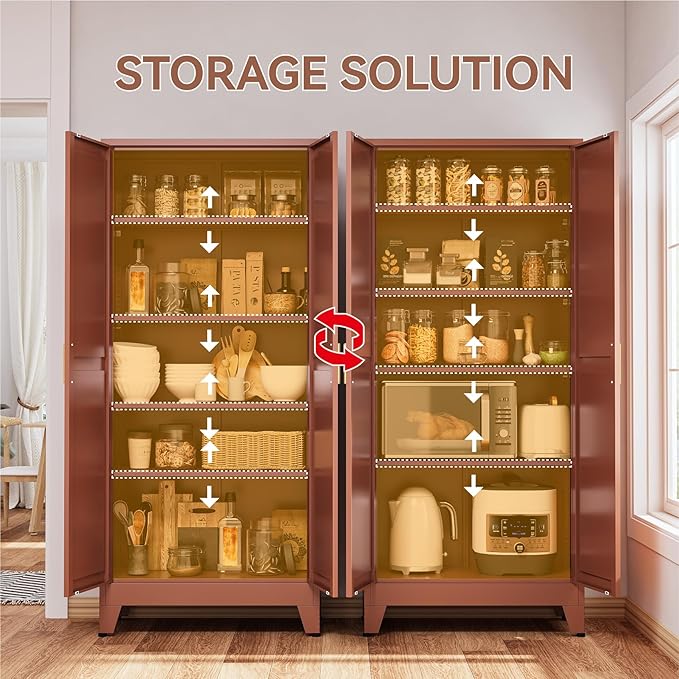 YNIQUESTLE Farmhouse Pantry Cabinet with Barn Doors, 71" H x 31.5" W, 5-Tier Metal Storage Cabinet with 4 Adjustable Shelves for Kitchen Garage Dining Room,Brown