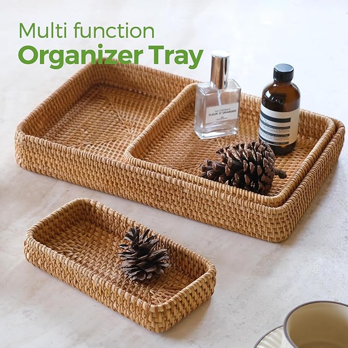 Rattan Serving Tray, Rectangle Basket Set of 3, Wicker Storage and Organizing Baskets, Natural Decorative Woven Tray for Home Decor, Bathroom, Kitchen Counter
