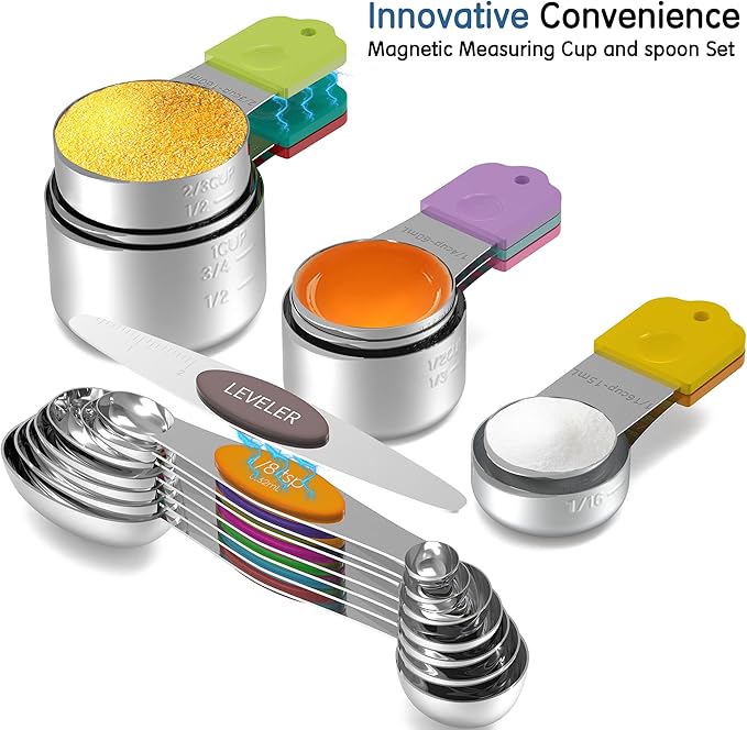Minteem Magnetic Measuring Cups and Spoons Set, 6 Nesting Stainless Steel Measuring Cup Set with Easy to Read Markings, 7 Magnetic Measuring Spoons & 1 Leveler for Measuring Dry or Liquid Ingredients