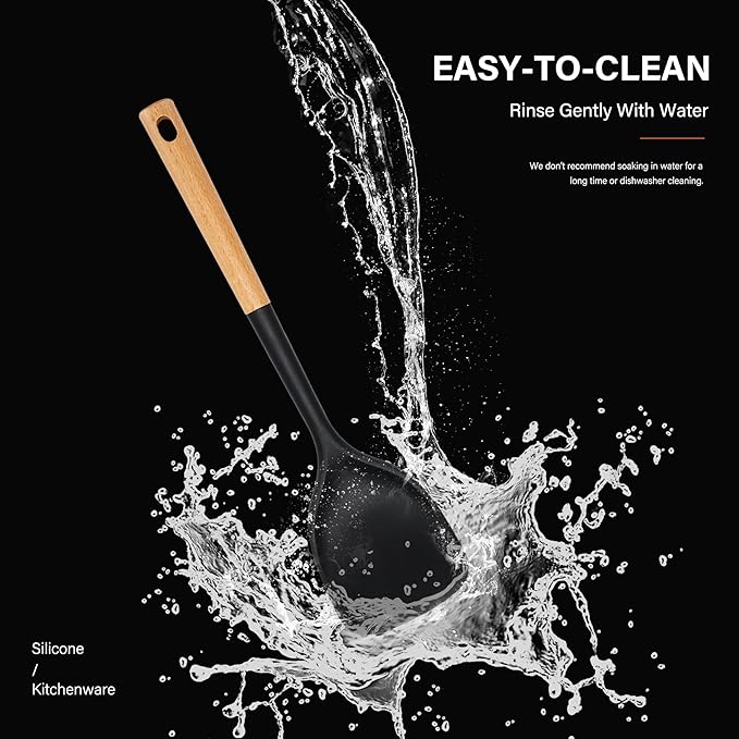 Hvygss Silicone Cooking Utensils Set, Heat Resistance Large Kitchen Utensils Set with Long Wooden Handle, BPA-free Silicone Spatula, 6 Pcs Cooking Spoons for Non Stick Frying Pans and Pots（Black）