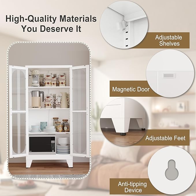 pozdeg 61" Metal Kitchen Pantry Storage Cabinet with 2 Acrylic Glass Doors ＆ 3 Adjustable Shelves, Versatile Food Freestanding Cupboard for Kitchen, Dining Room, Bathroom and Garage (White)