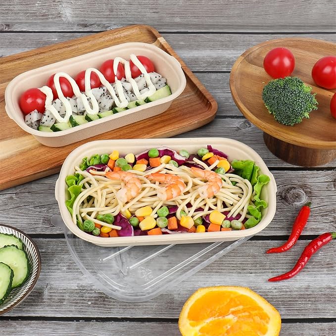 JAYEEY 17 oz Disposable salad bowls with lids, Sugarcane Fiber Paper Bowls take away Bagasse food containers meal prep deli container 50 Pack