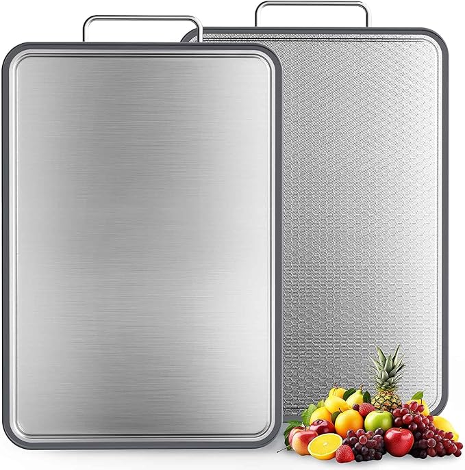 INZOO Double-Sided Stainless Steel Cutting Board for Kitchen, 16''×11'' Scratch-Resistant Cutting Board for Meat, Vegetables & Fruits, Rust-Resistant Chopping Board with Juice Groove on Both Sides