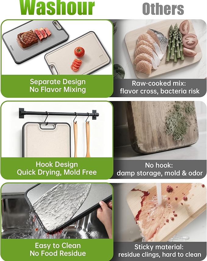 Washour Stainless Steel Cutting Boards for Kitchen, Non Toxic 2-in-1 Cutting Board Double Sided, Chopping Boards for Fresh Meat Vegetable, Easy to Clean Large Size 16”×11”