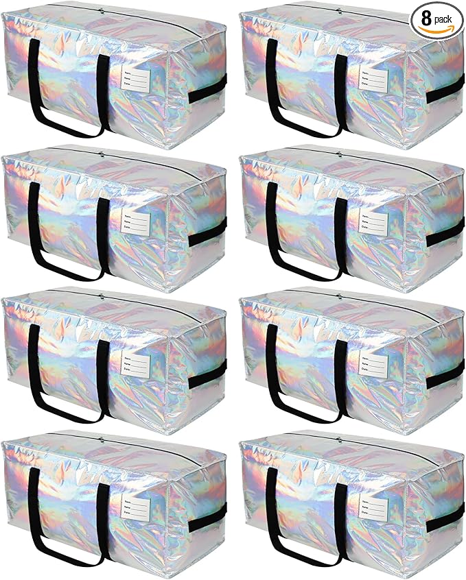 8 Pack Heavy Duty Moving Bags 24-Gallon Extra Large Waterproof Foldable Clothing Storage Totes Bags with Zipper,Reinforced Handles,Packing Moving Boxes for Dorm & Seasonal Storage,Iridescent