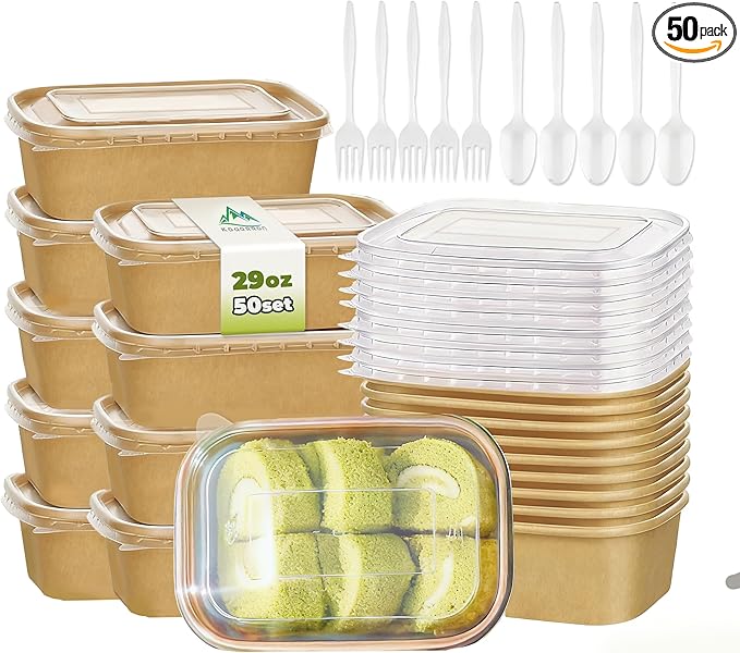 Kaderron 50 Pack 29 OZ Large Paper Bowls with Lids【with Spoons and Forks】, Heavy Duty Disposable Meal Prep Containers for Party, Disposable Bowls Bulk Soak-Proof and Microwave Safe for Hot/Cold Use