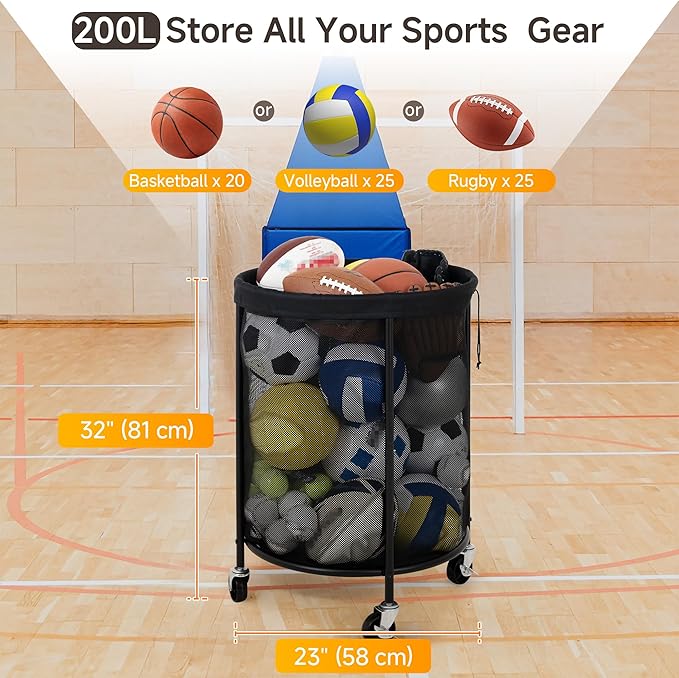 StorageWorks Ball Storage with Wheels, Ball Cart for Garage, Garage Sports Equipment Organizer, Balls Organizer for Basketball, Football, Volleyball