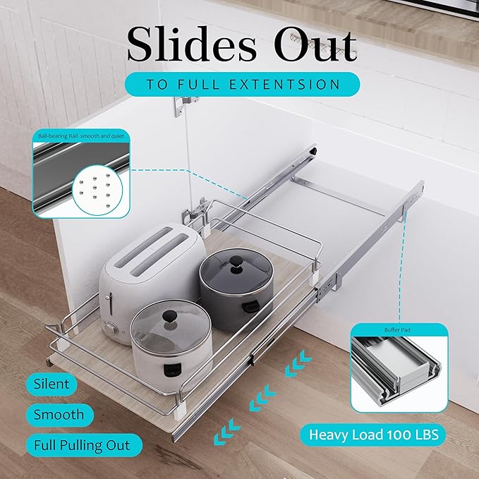 Pull Out Cabinet Organizer 18" W X 22" D, Slide Out Drawers For Kitchen Organizers and Storage, Pull Out Drawers For Cabinets Capacity Heavy Duty Caddy, Cabinet Shelves Wood Chrome, Pantry Storage