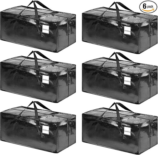 CHVEGLUZ 6 Packs Moving Bags Heavy Duty Extra Large,Storage Bags with Zipper&Handles, Sturdy&Durable Clothes Storage Bags Totes for College Dorm Essentials, Moving Boxes for College Supplies, Black