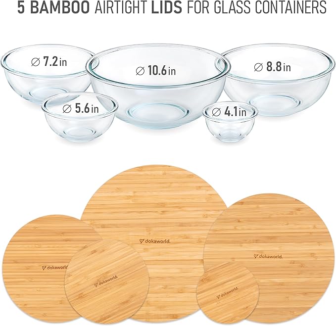 dokaworld Glass Mixing Bowls Bamboo Lids - Lids are compatible with all Glass Mixing Bowls Set